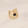 Golden multi-layer geometric hollow ring with black beads and hammered texture finish - Black Bead Hammered Hollow Style (4#)
