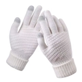 Close-up of white knitted gloves featuring touchscreen tips and anti-slip palm texture - White