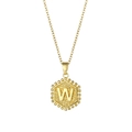 Gold hexagonal necklace with letter W pendant and beaded edge on white background - Letter W