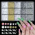 Macro view of a 12-grid nail art kit with white pearls, gold beads, and 3D floral accents - 15 Grids Mix 02 (Pearl & 3D Flower)