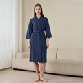Dark blue waffle texture bathrobe with kimono collar and waist belt for adults - Navy Blue (Women)