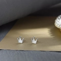Elegant 925 sterling silver crown stud earrings with a refined matte finish and tiny beads - Large Crown / Silver