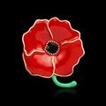 Poppy flower brooch with red enamel petals, gold edges and a green stem on black background - Style AL-9 Small