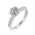 Moissanite six-prong open ring in silver with heart-shaped band and large center diamond - Adjustable Open / Heart-Linked Style (R12359-6.5mm/1 Carat)
