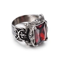 Retro punk titanium steel ring featuring a large rectangular red zircon and cross patterns - Steel Red