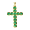 Close-up of golden cross pendant featuring multi-set round green gemstones on white background - Pendant 109 (Gold Pave Green Stone Cross)