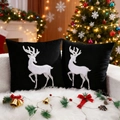 Set of two black velvet Christmas pillow covers with white reindeer patterns for sofa decor - Black Applique Embroidery Rabbit Fur Reindeer/Black