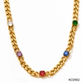 Golden Cuban chain necklace with five multi-color zircon stones on white background - Gold + Multi-color Zircon (KCD902)