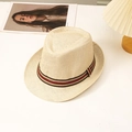 Cappello fedora da uomo in paglia beige con nastro a righe rosso-nero per il sole estivo - L (58-60cm) / Bianco Sporco