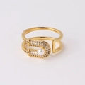 Golden safety pin ring with pave zircons and pearl in double-layer adjustable design - Safety Pin Pearl Style (款式一)