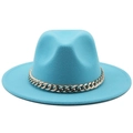 Detail of a bright blue wool felt fedora with a chunky gold chain and wide flat brim - L (58-60cm) / Lake Blue