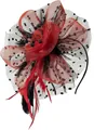 Serre-tête fascinator élégant avec résille rouge, pois noirs et plumes naturelles - Noir & Rouge