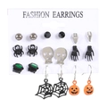 Halloween earring set with pumpkin, spider, and skull studs in a 12-pair variety pack - White K M-084