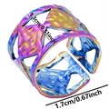 Macro detail of rainbow stainless steel hammered ring with geometric cutouts and dimensions - Colorful
