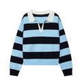 Maglia polo da donna a maniche lunghe a righe blu e nere con colletto a contrasto - S / Strisce Nero Blu