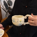 Handcrafted irregular ceramic coffee mug with blue yellow flowers and wavy rim - Blue Flower & Yellow Tulip Single Mug / Single Cup