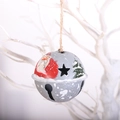 Grey metal Christmas bell ornament with Santa pattern hanging on a white branch - Santa Claus / Gray