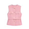 Detailansicht der rosa Tweed-Weste mit goldenen Reliefknöpfen und passendem Gürtel - XS / Rosa