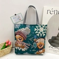 Dark green tote bag featuring cute winter bears embroidery and striped strap handles - Style 17 - Winter Bear (Dark Green)