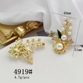 Golden flower branch brooch with pearls and rhinestones, size 40mm x 51mm, style 4919# - 4919# Flower Branch