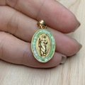 Gold oval religious pendant with embossed figure and green iridescent shell inlay - Green