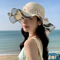 Beige wide brim straw hat with floral ribbon and pearls for beach vacation sun protection - Wave Floral Creamy White
