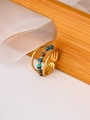 Detail view of ethnic gold open ring with hammered texture and turquoise beads - Adjustable Open / Blue