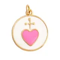 Copper enamel charm featuring a pink heart and gold cross on a white circular base - White Pink Cross Round-L281262