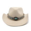 Detail of beige felt cowboy hat with bohemian patterned band and turquoise stone accessory - Beige