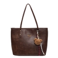 Vintage dark brown large tote bag with cute bear charm and red woven rope detail - Coffee