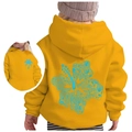 Yellow kids hoodie with blue tropical sunset print featuring palm trees and seashells - Tops / 100cm / Yellow