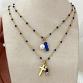 Double-layer 18k gold plated necklace with blue beads, pearl, and star cross pendant - Cross Pendant / Blue