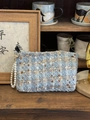 Blue and white tweed makeup bag with pearl handle strap and zipper closure - Tweed Lake Blue