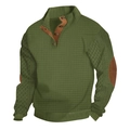 Olive green waffle knit men sweater with stand collar and brown faux suede elbow patches - Army Green