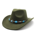 Detail of dark green wool felt cowboy hat with bohemian turquoise bead band and buckle - M (56-58cm) / Army Green