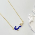 Elegant gold chain necklace with blue enamel Arabic Love pendant and zircon detail - Dark Blue