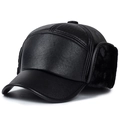 Men's winter faux leather ear flap hat with warm fleece lining and black baseball cap brim - Black