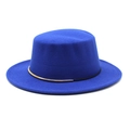 Detail of bright blue wool fedora hat with gold metal trim and structured flat top - M (56-58cm) / Blue