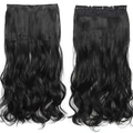 Black 55cm long wavy hair extensions with 5 clips shown in front and back view - Natural Black (1B)