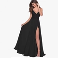 Elegant black V-neck lace chiffon evening dress with spaghetti straps and high leg slit - US size 2 / Black