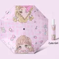 Pink plaid automatic safety umbrella for kids featuring cute girl cartoon illustration - Anti-rebound Automatic - Lovely Girl [Reflective Strip]