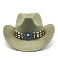 Détail d'un chapeau de cowboy en daim vert olive avec concho turquoise et ruban perlé - M (56-59cm) / Vert Armée (Daim Synthétique)