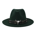 Cappello fedora in lana verde scuro con fascia etnica e ornamento a testa di toro - Adulto 58cm Taglia Unica / Verde Scuro