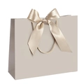 Beige gift paper bag with matching satin bow and twisted handle for shopping use - Champagne Color; Horizontal Extra Small Size 19*15*7 Ribbon Style
