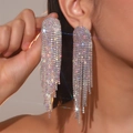 Sparkling silver long tassel snake earrings with colorful rhinestones on model - Silver Iridescent Tassel (DTE1816327S-WAB)