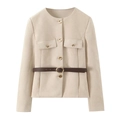 Women's beige suede jacket with gold buttons and dark brown leather belt in front view - XS / Beige