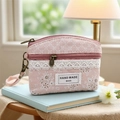 Pink floral lace coin purse with handmade embroidery and dual zipper wristlet strap - Soft Pink Grid Coin Purse