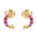 Golden moon and star stud earrings featuring pink crystal inlay and polished finish - Red