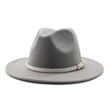 Detail of gray wool fedora hat featuring a white leather band and gold buckle accent - Light Gray