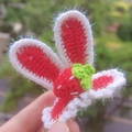 Handmade crochet strawberry bunny ear hair clip for girls crafted with soft wool yarn - Red Gauze Strawberry Rabbit Ears